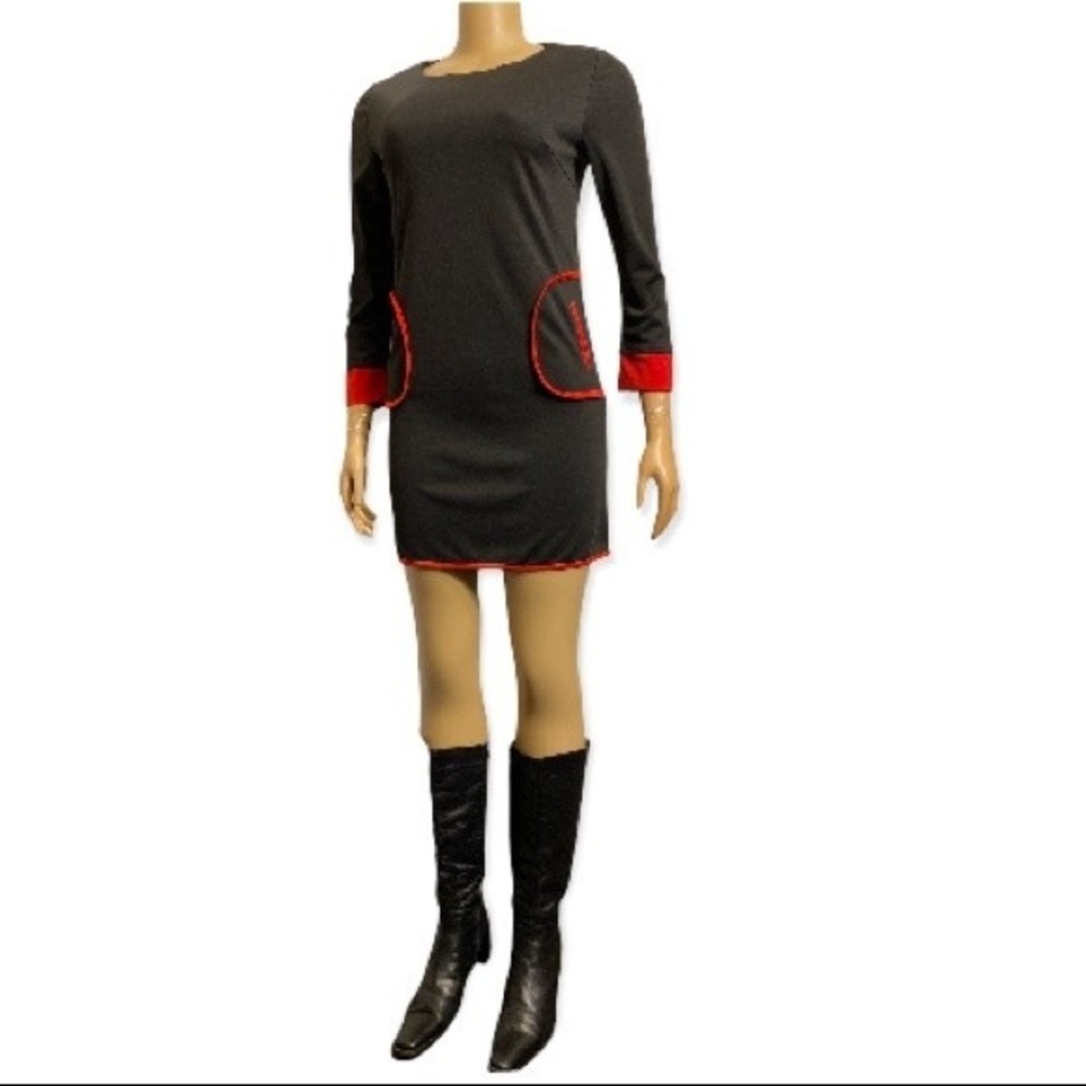 Vintage Mod Mini Dress Black Pockets Color Block Scoop Neck red piping size L - Picture 17 of 17
